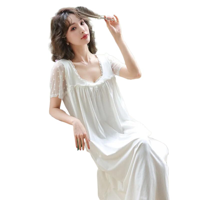 OFFSUM Camisón De Pijama De Mujer - Verano Suave Algodón Cuello Cuadrado Dulce Encaje Bordado Ropa De Dormir Princesa Estilo Palaciego Temperamento Albornoz Lencería