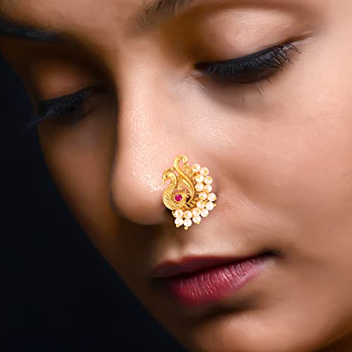 Vighnaharta Golden Moti Pearls Nath Nathiya nose pin Gold Plated Alloy two Nose Ring for woment [VFJ1134Red-1180NTH-Press-Multi]