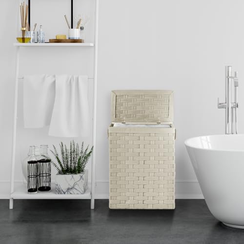 EHC Slimline Laundry Linen Basket Bin Bathroom Storage Hamper Basket With Lid - Cream - Image 5