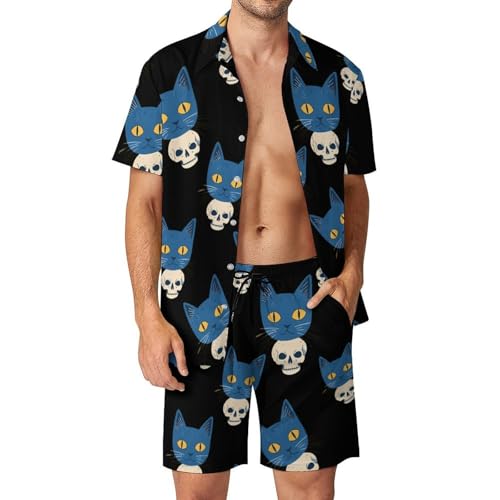 Camisa con botones ligera contra el calor conjunto de 2 piezas pantalones cortos Blue Cat on A Skull