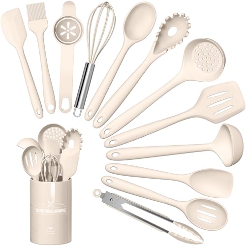 Terlulu Küchenhelfer Set, 13-teiliges Silikon Kochutensilien Kochbesteck Set, Hitzebeständiger Kochgeschirr mit Utensilienhalter, Antihaft Kochset Küchenutensilien, Spülmaschinenfest - Khaki