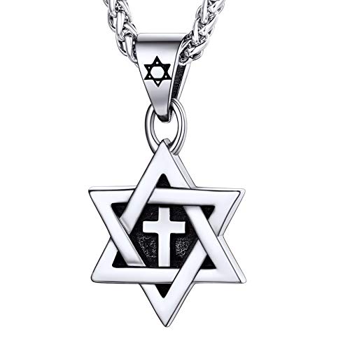 U7 Star of David Necklace for Men Women Gold/Stainless Steel Hexagon Pendant with Cross/Ruby Stone/Classic Jewish Isael Necklaces, Length 22" 24" 26"