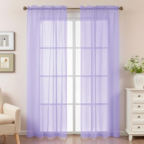Image of Purple Sheer Curtains 84 Inches Long, Privacy Semi Sheer Curtains for Living Room Bedroom, Light Filtering Rod Pocket Voile Window Drapes 2 Panels Set, Each 42 inch W x 84 inch L