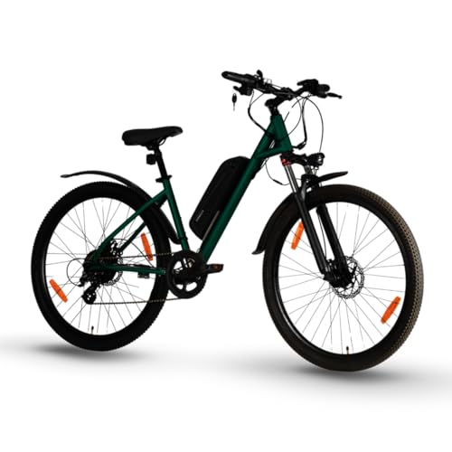 Image of HORNBACK UniByk+ Electric Cycle 27.5 Inch | Easy Access Frame E-Bike | 75 Km Pedal Assist Range | Front Lockout Suspension | LCD Display with USB Charging | Unisex Adult Cycle | Deep Forest Green
