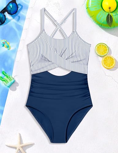 Image of Girl Swimsuit One Piece Cutout Ruched Bathing Suit for Girls Color Block Adjustable Straps Pad Swimwear 9-18y