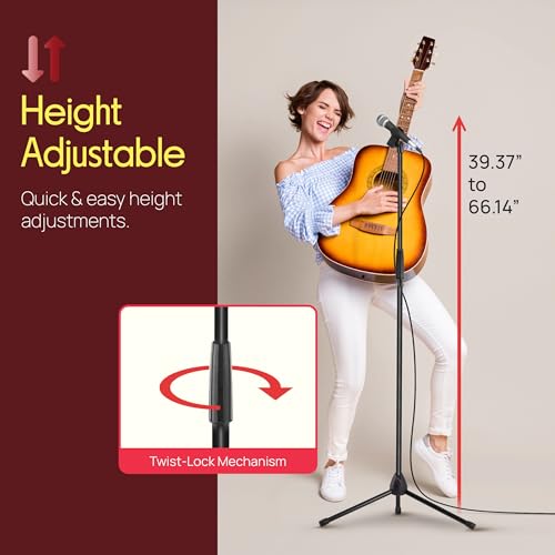 Image of Pyle Tripod Microphone Stand, Height Adjustable from 39.37 inch to 66.14'', Mic Stand for Floor, Sturdy and Durable Build, Non-Slip Rubber Feet, With 5 /8 inch Screw Adapter, Cable Clip, Compact Folding Design