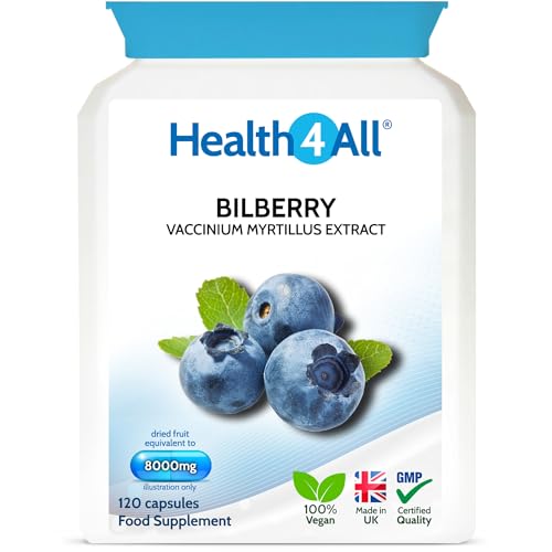 Health4All Bilberry Extract 8,000mg per Capsule, 120 Capsules 4 Months Supply, Pure High Strength Bilberry Eye Supplement, Antioxidant for Eye Health with Anthocyanidins, Easy to Swallow | Made in UK