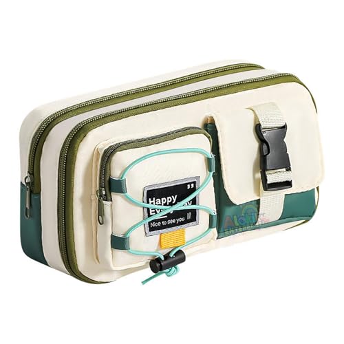 Image of Alokik Multi-Compartment Pencil Pouch Large Capacity Pen Case with Zipper & Buckle Pocket, Durable Canvas Stationery Organizer for School Office Travel, Stylish Storage Case (Green Happy Every Day)