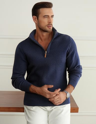 Men Quarter Zip Pullover Sweaters Solid Long Sleeve Slim Fit Knit Texture Casual Diagonal Half Zip Sweater2