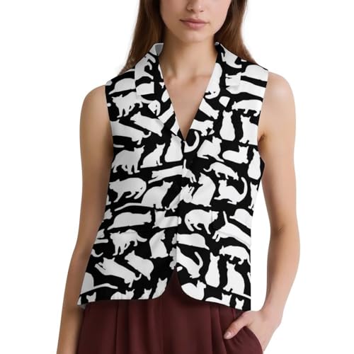 Image of Cute Cats Suit Vest for Women Button Business Lapel Dressy V-Neck Economy Waistcoat 2XL