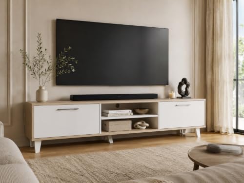 Image of Kumo Engineered Wood TV Unit for Living Room | Modern Entertainment Center with 2 Door Cabinets & Open Storage Shelves | TV Stand for Up to 75 Inch Television | Oak & White Finish | 1800 mm