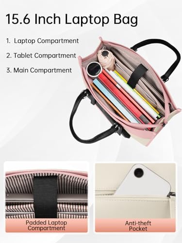 MATEIN Lunch Tote Bag for Women, 15.6 Inch Laptop Purse with Lunch Compartment, Waterproof PU Leather Briefcase with Insulated Pocket, Office Handbag for Work, Daily Use, Gifts for Ladies, Beige Pink — view 5