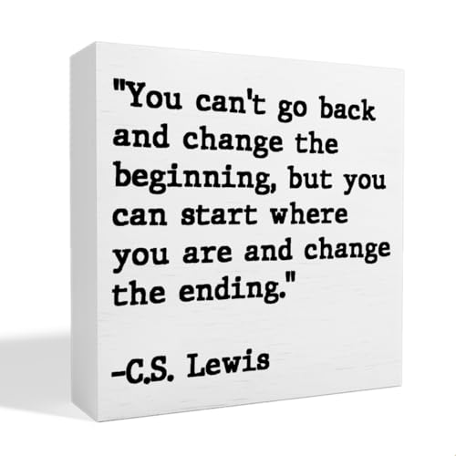 Inspirational Quotes Office Decor Wooden Box Sign for Home Office Desk Shelf Table Motivational Wall Decor Inspirational Gifts for Women Men Friends - C.S. Lewis 5 X 5 Inches (White)