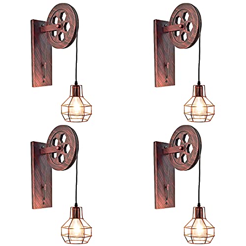 iDEGU Applique da parete Vintage, Lampada da Parete Interno Stile Puleggia E27 Plafoniera in Legno e Ferro Regolabile Lampada Sospensione per Soggiorno, Ristorante, Bar - Ruggine Rossa (4 Pezzi)
