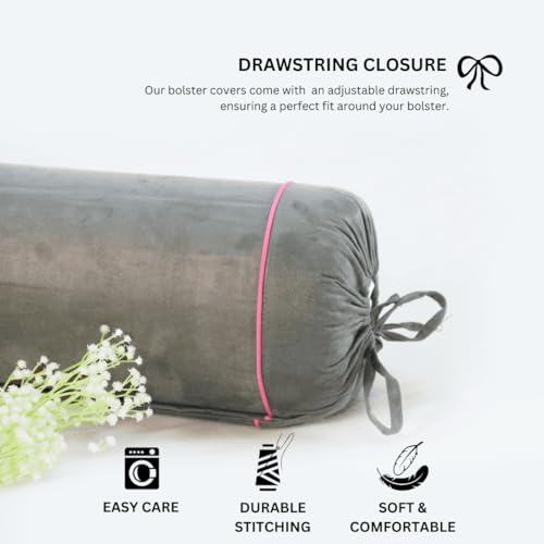 Image of AURAVE Suede 300 TC Printed Bolster Cover with Drawstring Closure, Set of 2, Soft Breathable Durable Machine Washable for Sofa Bed & Home Decor, 15 inchx30 inch, Grey | Cover Only