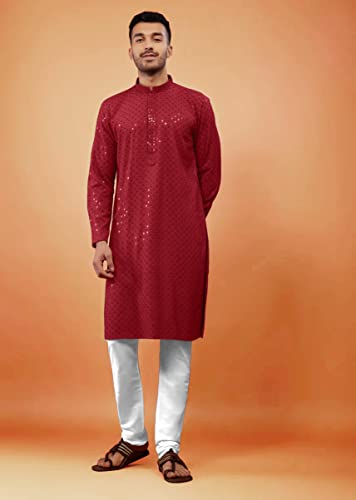 Image of Men's Rayon Blend Lucknowi Sequence Kurta Pyjama (Chickankari)
