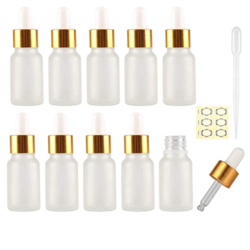 Yalbdopo 10Pcs, 5ml Frosted Clear Glass Bottles with Dropper Pipettes, Mini Empty Dropper Bottles Golden Aluminum Alloy Cap Refillable Sample Container for Essential Oils/Massage Oils/Chemical Liquid