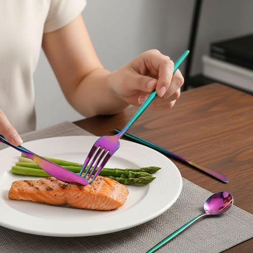 Image of 30 Pcs Rainbow Cutlery Set for Dining Table the Perfect Lightweight Silim Handle Tableware Including Dinner Spoon, Dinner Fork, Dinner Knife, Dessert Spoon & Dessert Fork