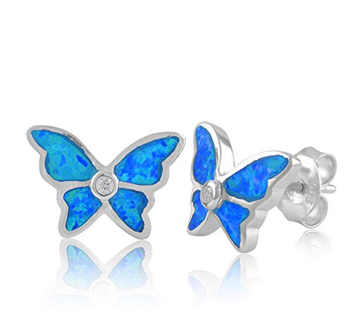 Silvercloseout Rhodium Plated Sterling Silver Womens Cz Created Blue Opal Butterfly Stud Earrings Opal Butterfly Studs For Girls #TOP20