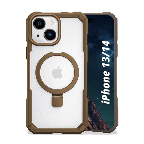 Image of AIBEX Transparent Back Cover Compatible for iPhone 13 /14| Mag-Saf Magnetic Ring Kickstand | Shockproof Dual Layer Military Grade Drop Protection Armor Case| Wireless Charging Support - Brown