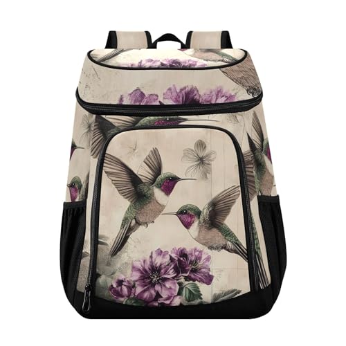 Hummingbird Vintage Hibiscus Flower Cooler Backpack Cooler Insulated Leak Proof Lunch Backpack 36 Cans Waterproof Soft for Men Women Picnic Hiking Camping Beach