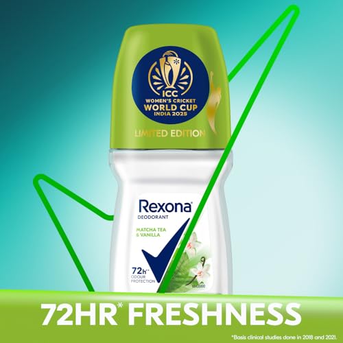 Image of Rexona Matcha Tea & Vanilla Antiperspirant Roll-On | for Women | 72H Odour Protection | Limited Edition Pack - ICC Women's Cricket World Cup India 2025 |50 ML (Pack of 3)