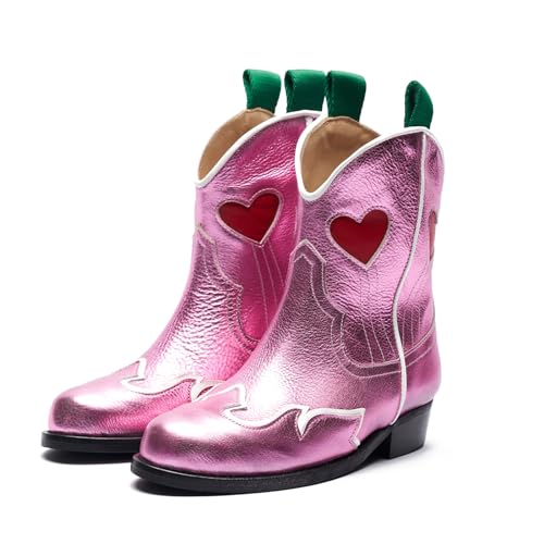 Kids Cowboy Boots Girls Mid Calf Cowgirl Western Boots Round Toe Pull on Splicing Riding Shoes for Little Kid/Big Kid
