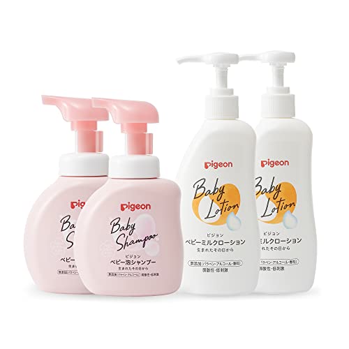 Pigeon Baby Shampoo with Flower Fragrance(11.8 Fl. Oz Each) & Gentle Baby Body Lotion(10.1 Fl. Oz Each), Set of 4, Baby Skincare Essential Products, Gentle for Skin, 0 Months and Up, Made in Japan