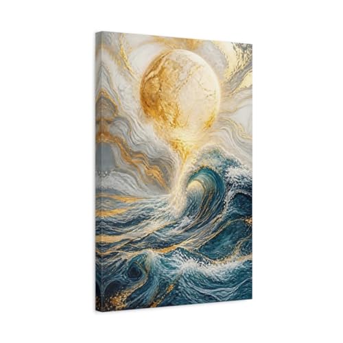 Toile canvas vague bleue et or pour décorer un mur vide