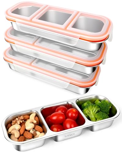 Image of susemoti 4-Pack Food-Grade Stainless Steel Snack Containers, Multi-Compartment & Leakproof, Ideal for Families & Travel, Stackable, Kid & Adult Bento Storage (4 Pack)