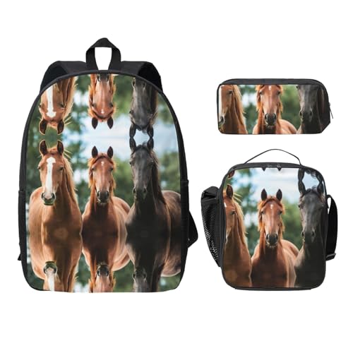 Sac à dos chevaux noir 3 pièces résistant pour ranger grands cahiers