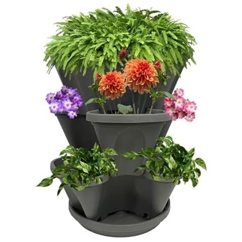 Natures Distributing 3 Tier Stacking Planter-Flower, Herb, Stackable Garden, Vegetable-Self-Watering-Indoor/Outdoor, Gray Cover