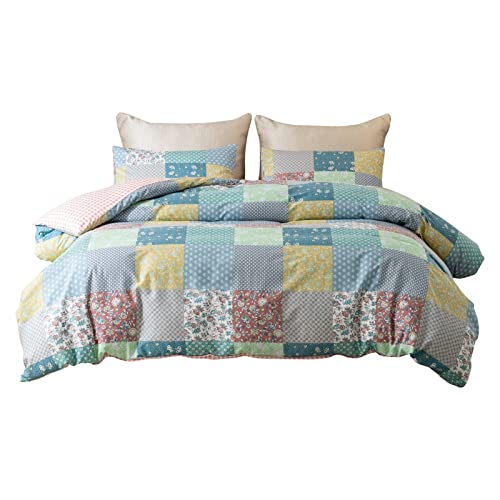 Floral Duvet Cover King, Cotton 3 Pcs Country Style Floral Botanical Patchwork Vintage Flower Bedding Set, Patchwork Vintage Flower Duvet Cover With Zipper Ties, Quality Soft Comfortable Breathable #TOP22
