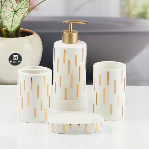 Image of Kookee Ceramic Bathroom Accessories Set of 4, Modern Bath Set with Liquid handwash Soap Dispenser and Toothbrush Holder, Luxury Gift Accessory for Home (11374)