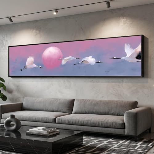Art mural de grue et lune rose sur toile haut de gamme au format 20x60cm