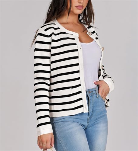 Women Striped Cardigan Sweaters Knitted Gold Buttons Crew Neck Sweater with Pocket Cropped Knit Lady Casual Jackets Coat4