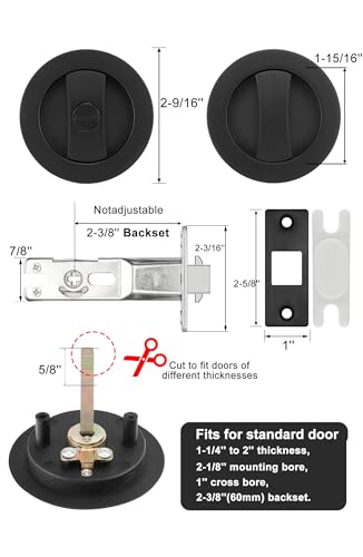 Image of goldenwarm Matte Black Pocket Door Lock, Privacy Round Pocket Door Hardware Not-Adjustable 2-3 /8 inch Latch, Pocket Door Handles for Pocket Doors Sliding Doors 1 Pack
