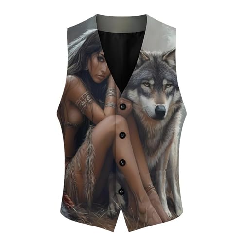 Indian Maiden And Wolf Native Am-erican Mens Slim Fit Suit Vest Dress Waistcoat Casual Business Vest4