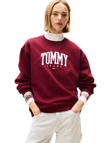 Tommy Jeans Pulôver feminino de peso médio com gola redonda com logotipo impresso, Deep Rouge