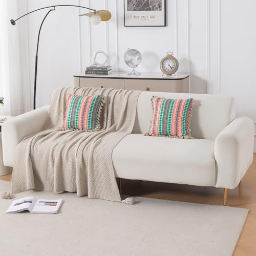 Image of HOKIPO 'Artisan Boho Series' 450 GSM Cushion Cover with Tassels | Cotton Acrylic Jacquard | 16x16 Inch (40x40 cm) | Pack of 2, Mint Green (IN-905-A7*2)
