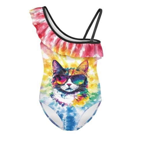 Jeiento Girls One Piece Swimsuit Cartoon Cat Swimwear Ruffled One Shoulder Bathing Suit for Kids Toddler Girl Beachwear
