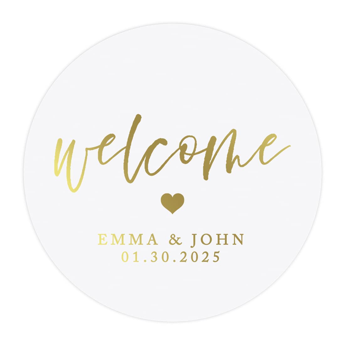 Andaz Press 2" Round Crystal Clear Personalized Wedding Sticker Labels with Gold Ink, Custom Heart Vinyl Self-Adhesive Labels for Wedding Favors and