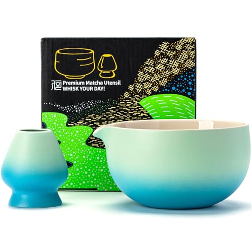 TEANAGOO Japanische Matcha-Schüssel aus Keramik mit Schneebesenhalter 530 ml K31 blau-weißer Farbverlauf Chawan-Matcha-Teeschale Matcha-Keramikschale Teeschalen für Matcha
