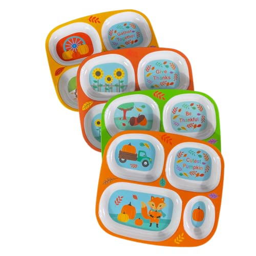 4E's Novelty Fall Thanksgiving Dinnerware Divided Plates For Kids Melamine Plastic - Set Of 4 Thanksgiving Themed Dishes Plates, Bpa Free, Top Rack Dishwasher Safe #TOP4