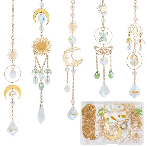 SUNNYCLUE 1 Box DIY 5 Sets Star Moon Suncatcher Kit Crystal Suncatchers Rainbow Catchers Lucky Tarot Glass Beaded Hanging Suncatchers Crystal Sun Catchers for Windows Indoor Outdoor Garden Decor