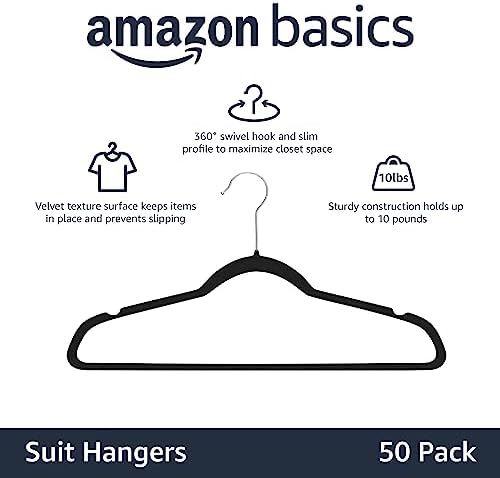 Amazon Basics Slim Velvet Non-Slip Space Saving Suit Clothes Hangers, Closet Organizer, Black, 50-Pack - 1