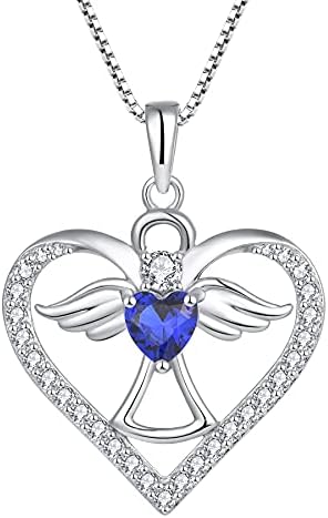 FJ Heart Guardian Angel Pendant Necklace 925 Sterling Silver Angel Wing Necklace with Birthstone Cubic Zirconia Jewellery Gifts for Women Girls