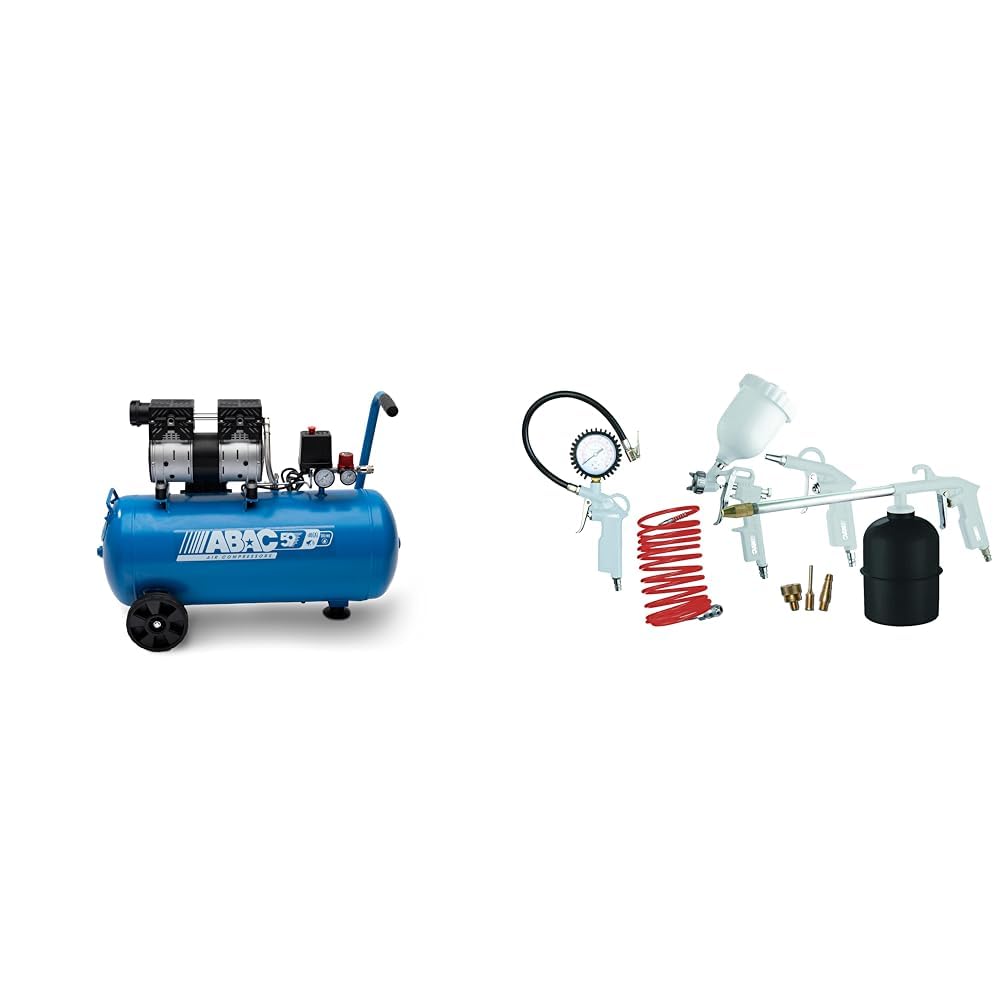 ABAC Compresseur d'Air Silencieux EASE-AIR 50, Compresseur d'Air sans Huile, Pression Maximale 8 Bar & Kit d'Accessoire Compresseur 8 Pièces G-810P, Comprenant Gonfleur de Pneus avec Manomètre