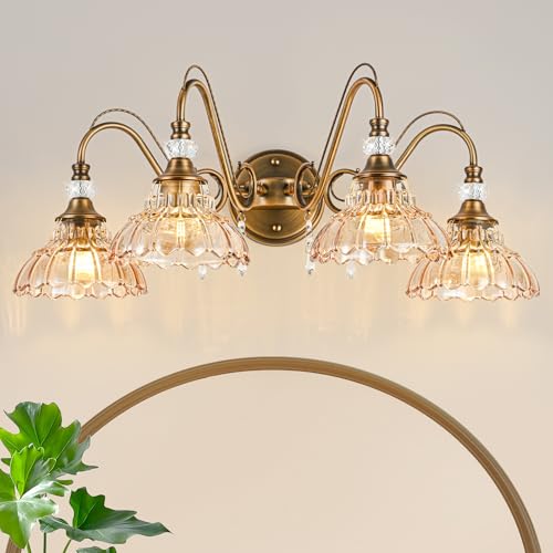 Image of Vintage Bathroom Vanity Light, 4-Light Matte Antique Brass Finish Wall Sconce with Hanging Crystal Accents and Flower-Shaped Amber Glass Shades, Retro Wall Mount Vanity Light Over Mirror for Bathroom