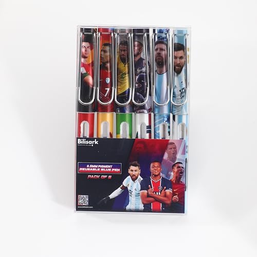 Bilisark Football Players Blue 0.5mm Pigment Ink Resusable Pens for School Office Home Supplies, Gifts for Kids, Men, Women Set of 5 | Cristiano Ronaldo | Lionel Messi | Kylian Mbappe | Neymar
